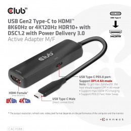 CLUB3D USB Gen2 Type-C to HDMI™ 8K60Hz or 4K120Hz HDR10+ with DSC1.2 with Power Delivery 3.0 Active Adapter M F