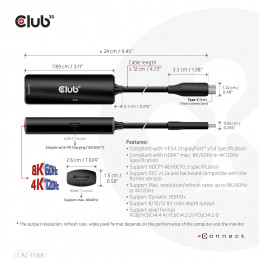 CLUB3D USB Gen2 Type-C to HDMI™ 8K60Hz or 4K120Hz HDR10+ with DSC1.2 with Power Delivery 3.0 Active Adapter M F