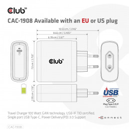 CLUB3D Travel Charger 100 Watt GAN technology, USB-IF TID certified, Single port USB Type-C, Power Delivery(PD) 3.0 Support