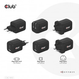 CLUB3D Travel Charger PPS 65Watt GAN technology, Triple port (2x USB Type-C + USB Type-A) Power Delivery(PD) 3.0 Support