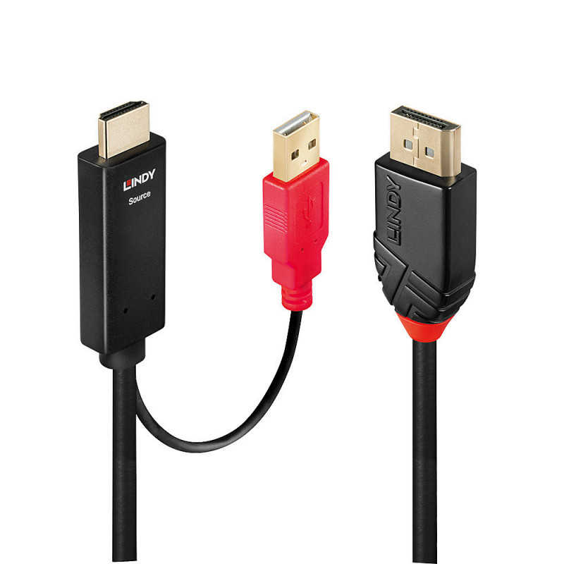Lindy 41428 videokaapeli-adapteri 5 m DisplayPort HDMI + USB Musta, Punainen