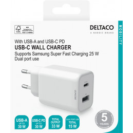 Deltaco USBC-AC145 mobiililaitteen laturi Valkoinen Sisätila