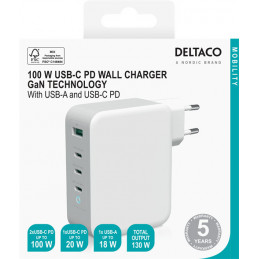 Deltaco USBC-GAN04 mobiililaitteen laturi Valkoinen Sisätila