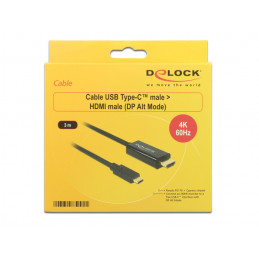 DeLOCK 85292 videokaapeli-adapteri 3 m USB Type-C HDMI Musta