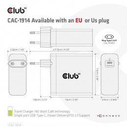 CLUB3D Travel Charger 140 Watt GaN technology, Single port USB Type-C, Power Delivery(PD) 3.1 Support