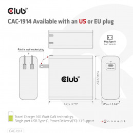 CLUB3D Travel Charger 140 Watt GaN technology, Single port USB Type-C, Power Delivery(PD) 3.1 Support