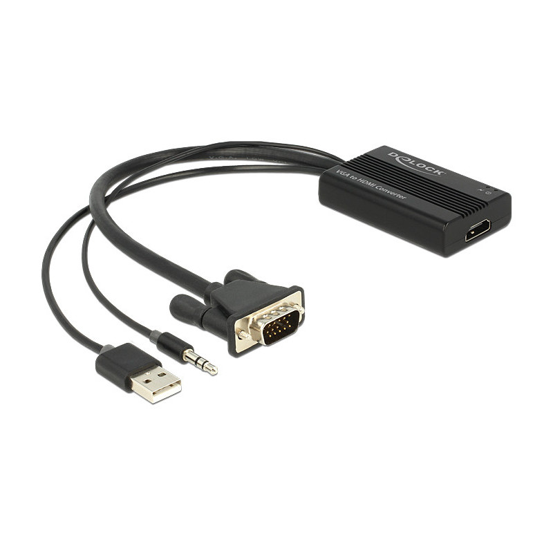 DeLOCK 62597 videokaapeli-adapteri 0,25 m HDMI-tyyppi A (vakio) VGA (D-Sub) + 3.5mm + USB Type-A Musta